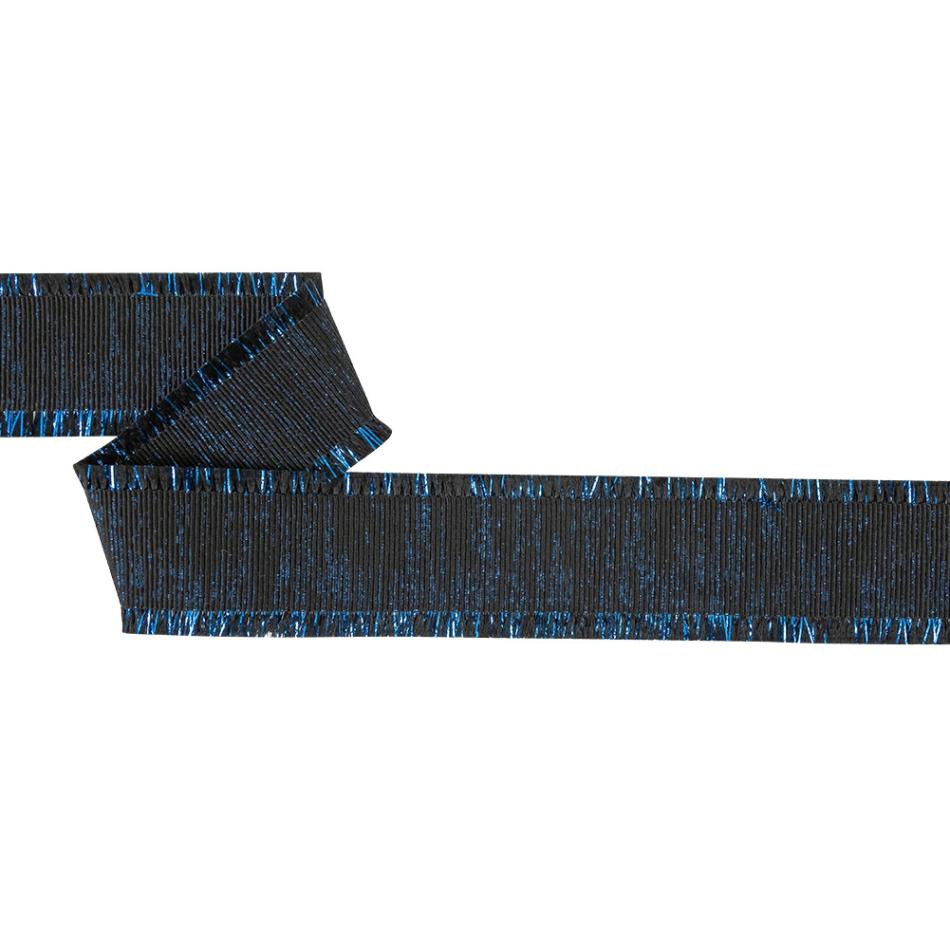 Grosgrain | Black And Magnetic Blue Metallic Grosgrain Ribbon With Fringe – 1.4375" Grosgrain Grosgrain