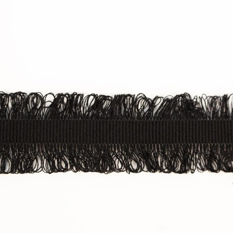 Grosgrain | Black Gray Wool Grosgrain Trim With Loop Fringe Edges – 1.5" Grosgrain Black