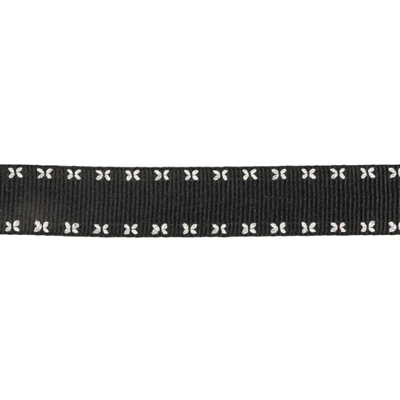 Grosgrain | Black Onyx Grosgrain Ribbon With Blanc De Blanc Stitched Floral Borders – 0.625" Grosgrain Blanc De Blanc,Black Onyx