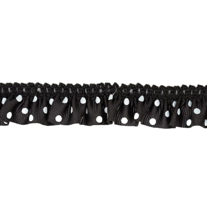 Grosgrain | European Black And White Polka Dot Ruffled Stretch Grosgrain .875" Grosgrain Grosgrain