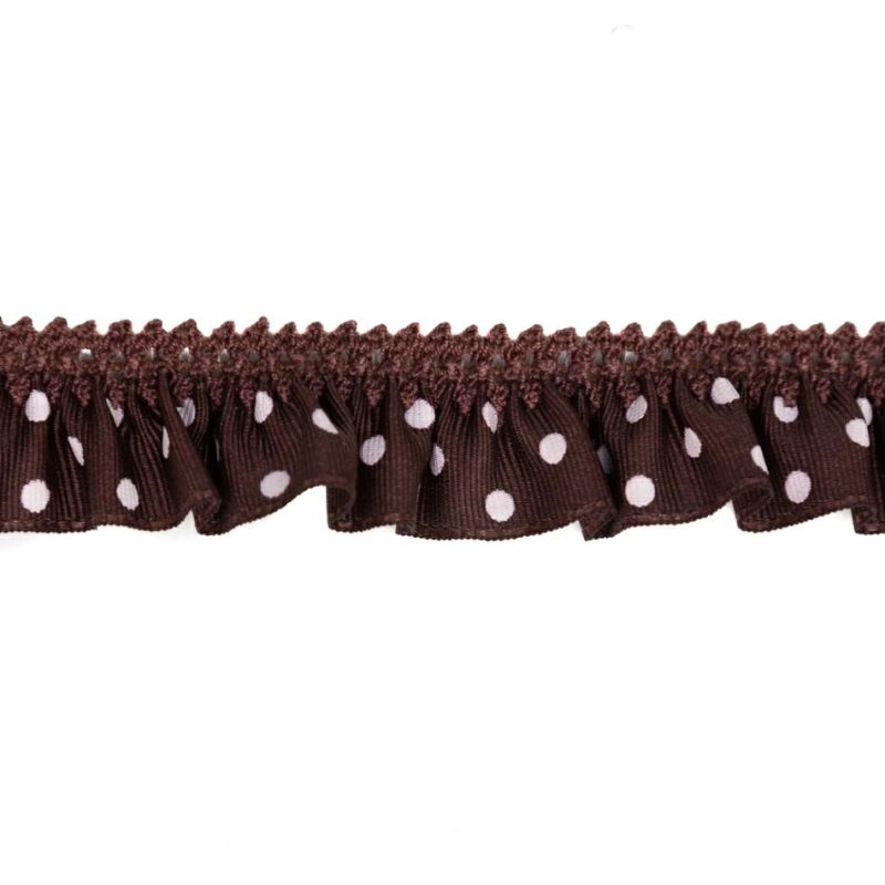 Grosgrain | European Brown And White Polka Dot Ruffled Stretch Grosgrain .875" Grosgrain Grosgrain