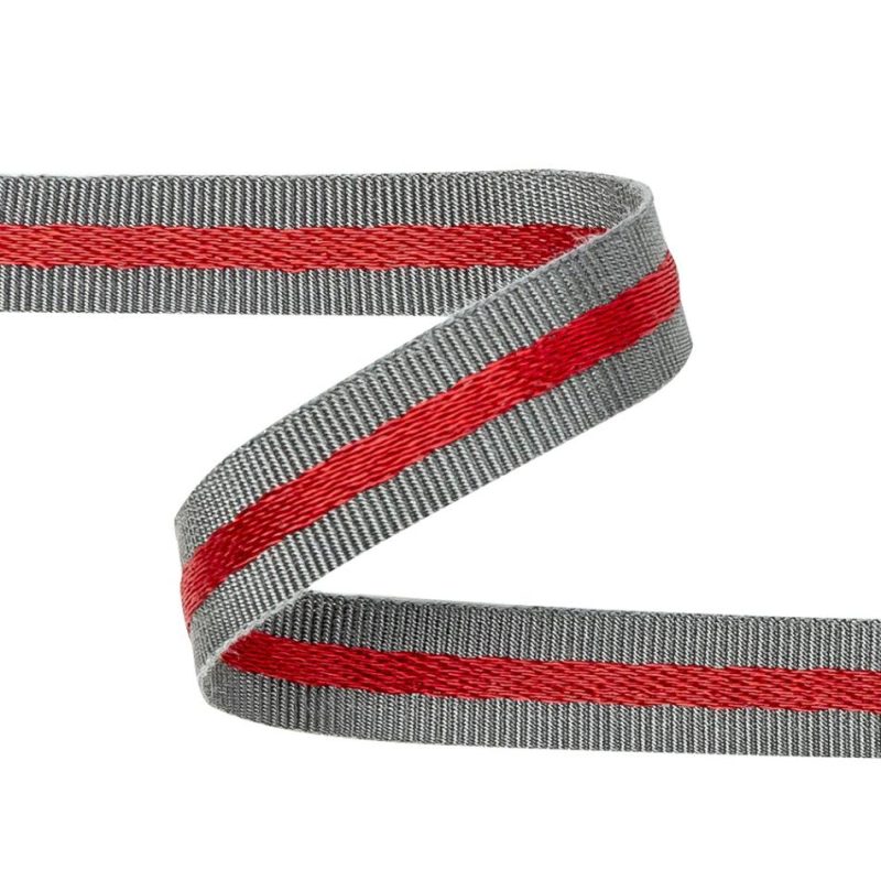 Grosgrain | Gray And Red Striped Cotton Blend Grosgrain Ribbon – 0.4375" Grosgrain Corazon,Granite Gray