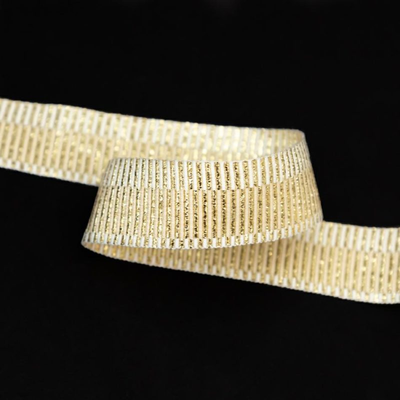 Grosgrain | Metallic Gold And Ivory Grosgrain Ribbon 0.875" Grosgrain Gold,Ivory