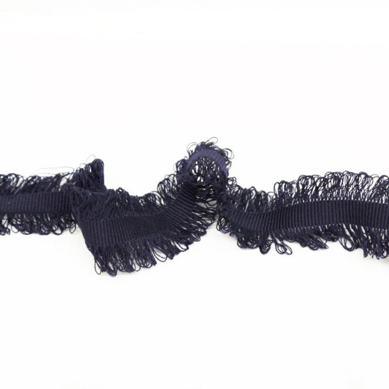 Grosgrain | Navy Wool Grosgrain Trim With Loop Fringe Edges – 1.5" Grosgrain Grosgrain