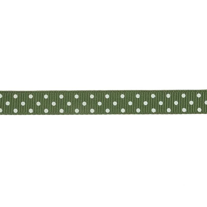 Grosgrain | Pesto And White Polka Dots Grosgrain Ribbon – 0.375" Grosgrain Grosgrain