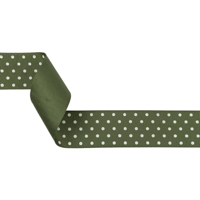 Grosgrain | Pesto And White Polka Dots Grosgrain Ribbon – 1.625" Grosgrain Grosgrain