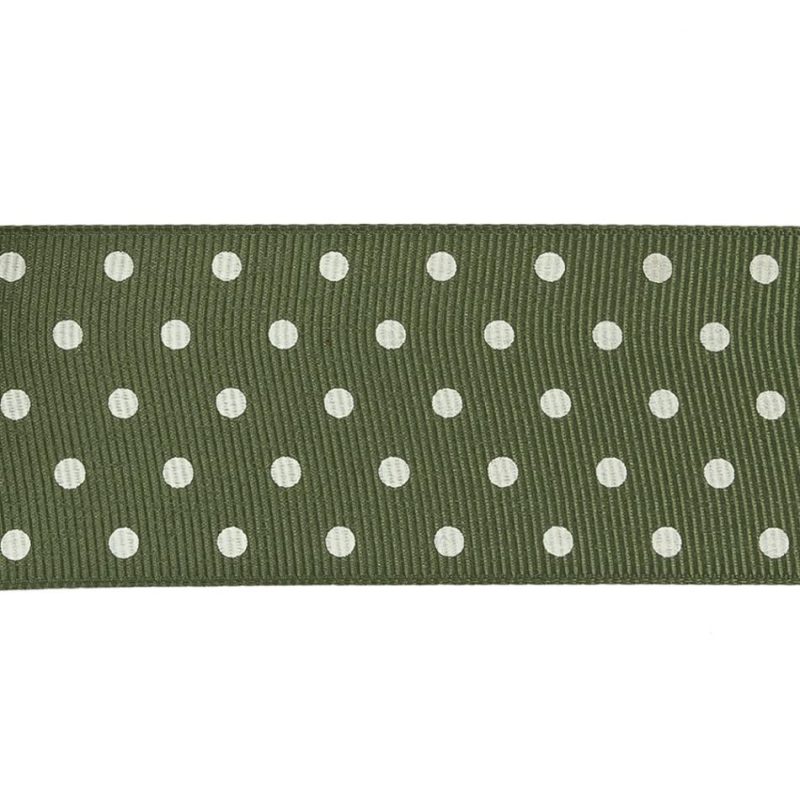 Grosgrain | Pesto And White Polka Dots Grosgrain Ribbon – 1.625" Grosgrain Grosgrain