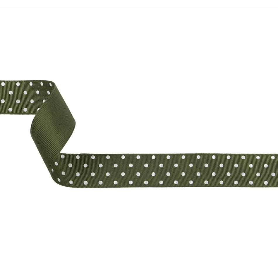 Grosgrain | Pesto And White Polka Dots Grosgrain Ribbon – 1" Grosgrain Grosgrain