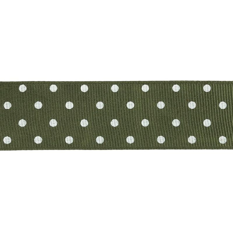 Grosgrain | Pesto And White Polka Dots Grosgrain Ribbon – 1" Grosgrain Grosgrain