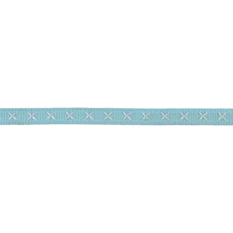 Grosgrain | Sky Blue Grosgrain Ribbon With Blanc De Blanc Stitched Flowers – 0.25" Grosgrain Blanc De Blanc