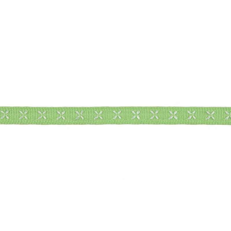 Grosgrain | Spring Green Grosgrain Ribbon With Blanc De Blanc Stitched Flowers – 0.25" Grosgrain Blanc De Blanc