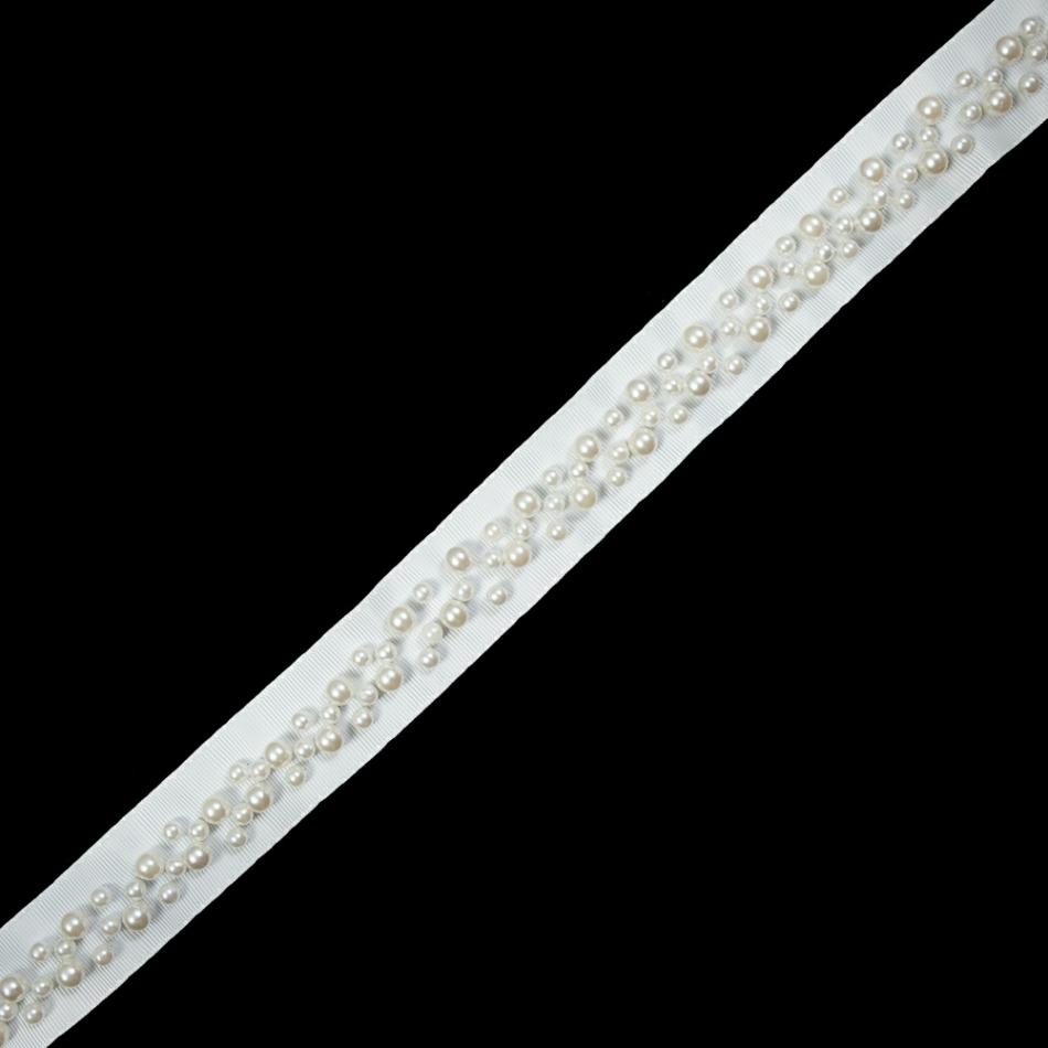 Grosgrain | White Grosgrain & White Pearl Beaded Trim – 1.25" Grosgrain Grosgrain