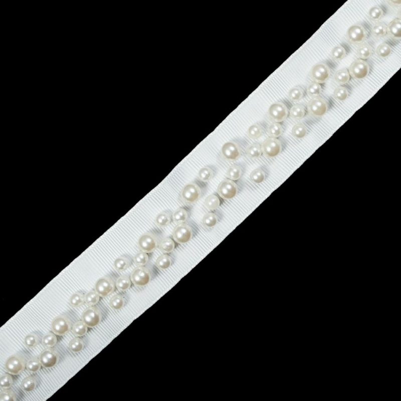 Grosgrain | White Grosgrain & White Pearl Beaded Trim – 1.25" Grosgrain Grosgrain