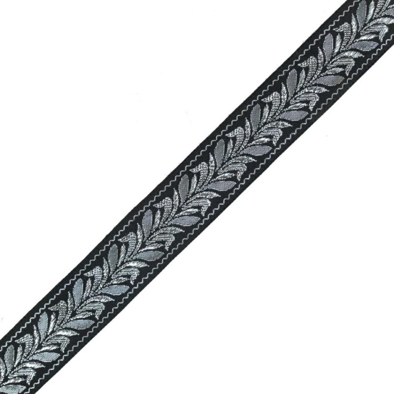 Jacquard | Black And Silver Metallic Foliage Jacquard Ribbon – 1.5" Jacquard Black,Silver