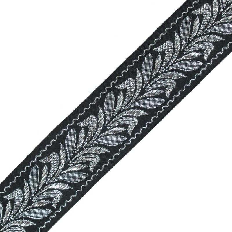 Jacquard | Black And Silver Metallic Foliage Jacquard Ribbon – 1.5" Jacquard Black,Silver