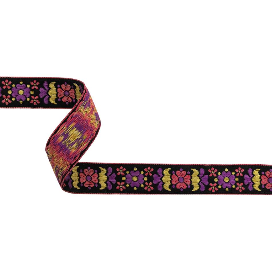 Jacquard | Black, Pink, Yellow And Sunset Purple Floral German Jacquard Cotton Ribbon – 0.9375" Jacquard Jacquard