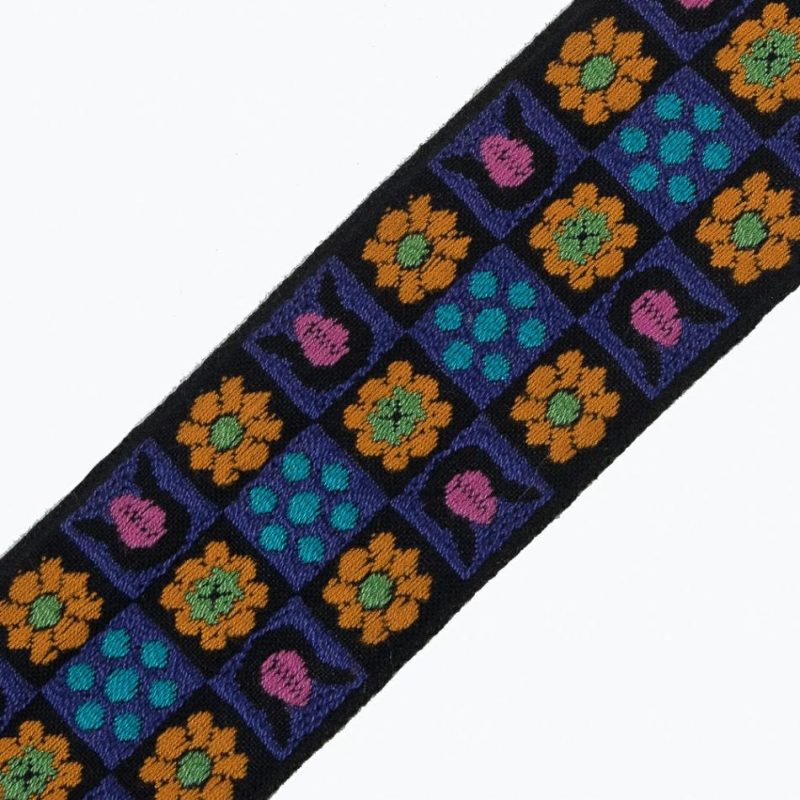 Jacquard | Black, Purple And Orange Floral Jacquard Ribbon – 1.875" Jacquard Black Bean,Heliotrope