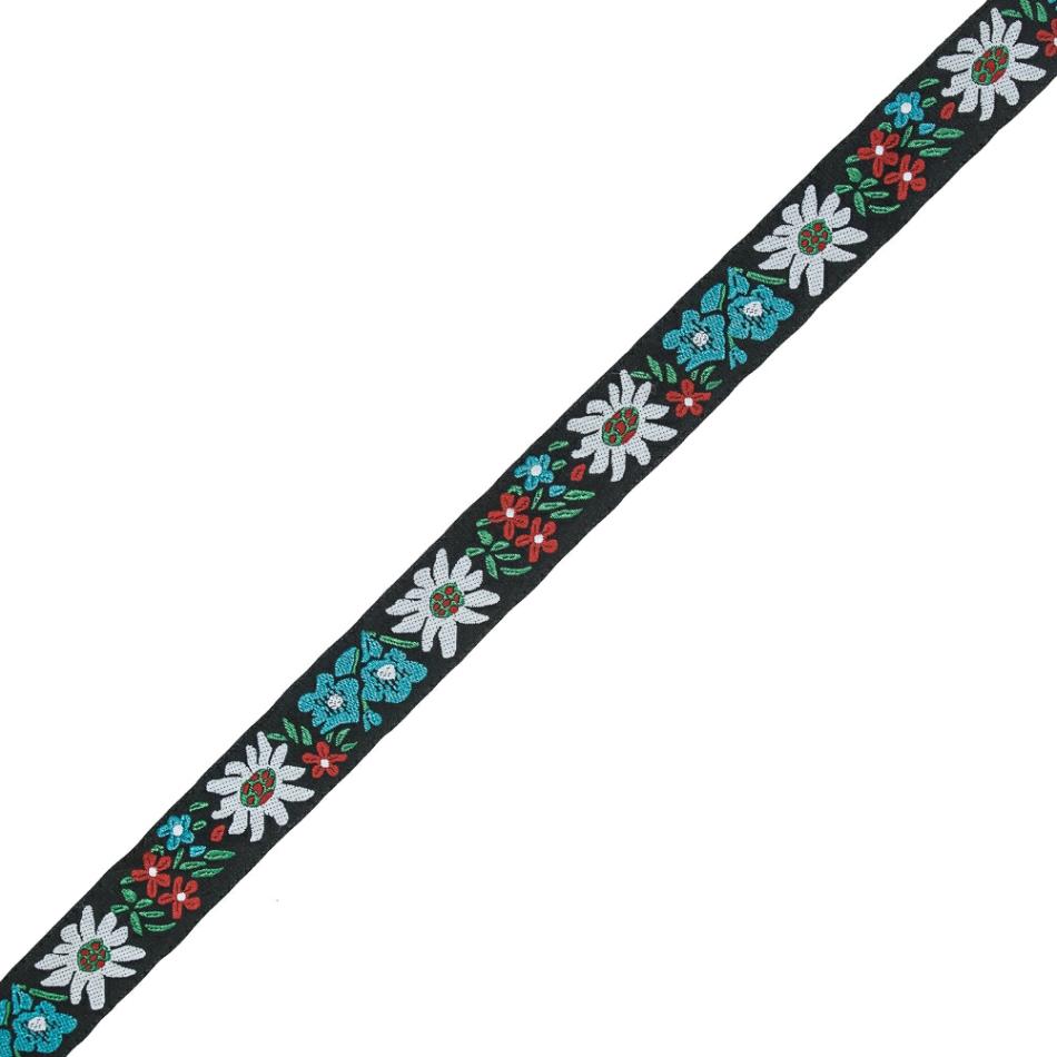 Jacquard | Black, White, And Blue Floral Jacquard Ribbon – 1" Jacquard Jacquard