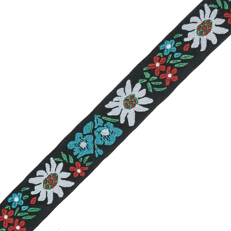 Jacquard | Black, White, And Blue Floral Jacquard Ribbon – 1" Jacquard Jacquard