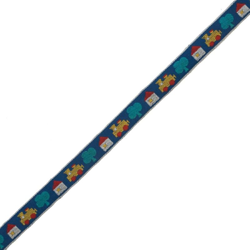 Jacquard | Blue And Yellow Train, House And Tree German Jacquard Ribbon – 0.625" Jacquard Jacquard