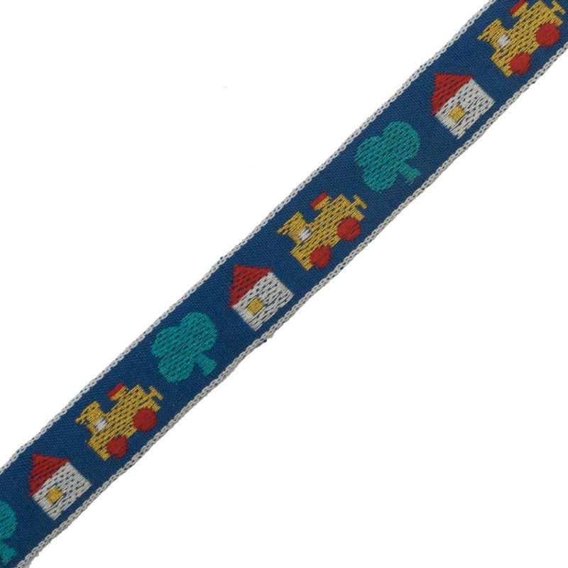 Jacquard | Blue And Yellow Train, House And Tree German Jacquard Ribbon – 0.625" Jacquard Jacquard