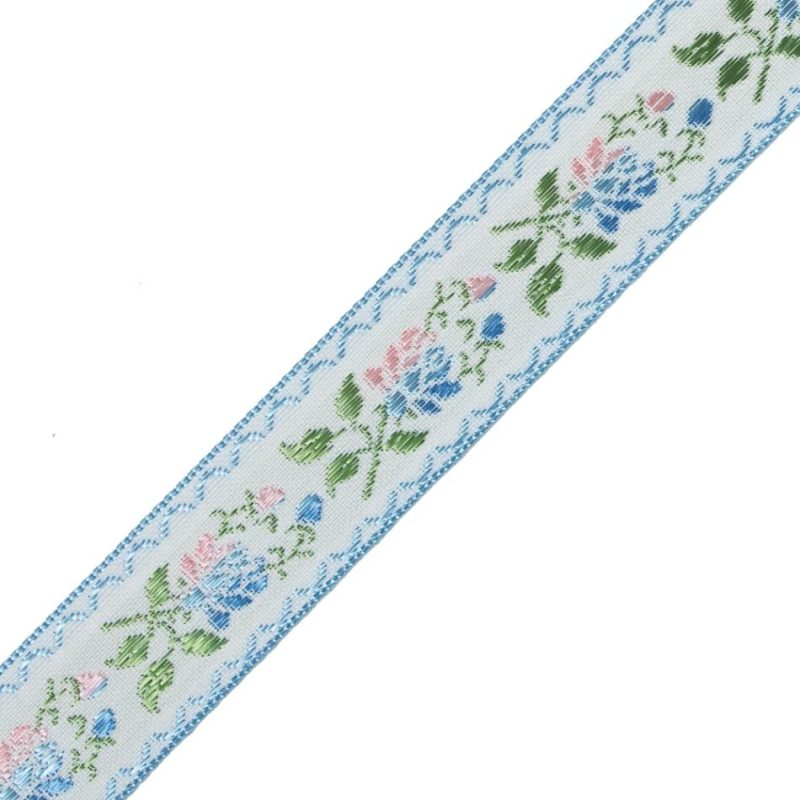 Jacquard | Blue, Green And Pink Floral German Jacquard Ribbon – 0.875" Jacquard Jacquard