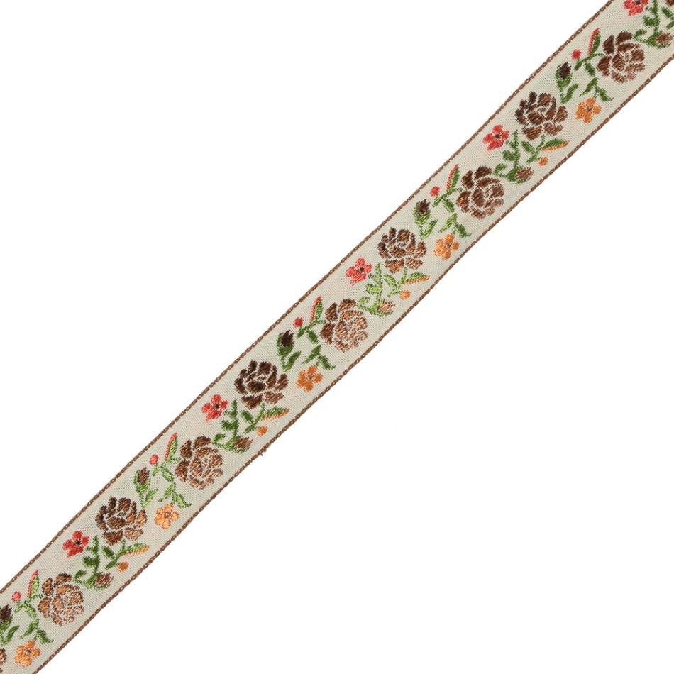 Jacquard | Brown, Orange And Green Floral Jacquard Ribbon – 0.875" Jacquard Creme Brulee,Mocha Bisque