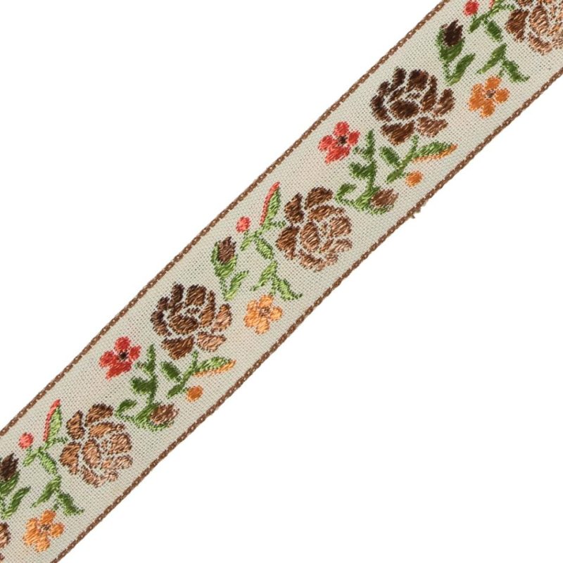 Jacquard | Brown, Orange And Green Floral Jacquard Ribbon – 0.875" Jacquard Creme Brulee,Mocha Bisque