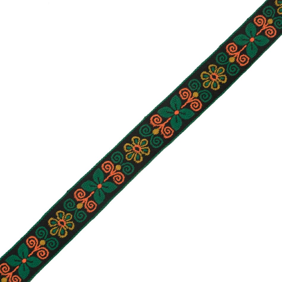 Jacquard | Green And Neon Orange Floral German Jacquard Ribbon – 1" Jacquard Jacquard