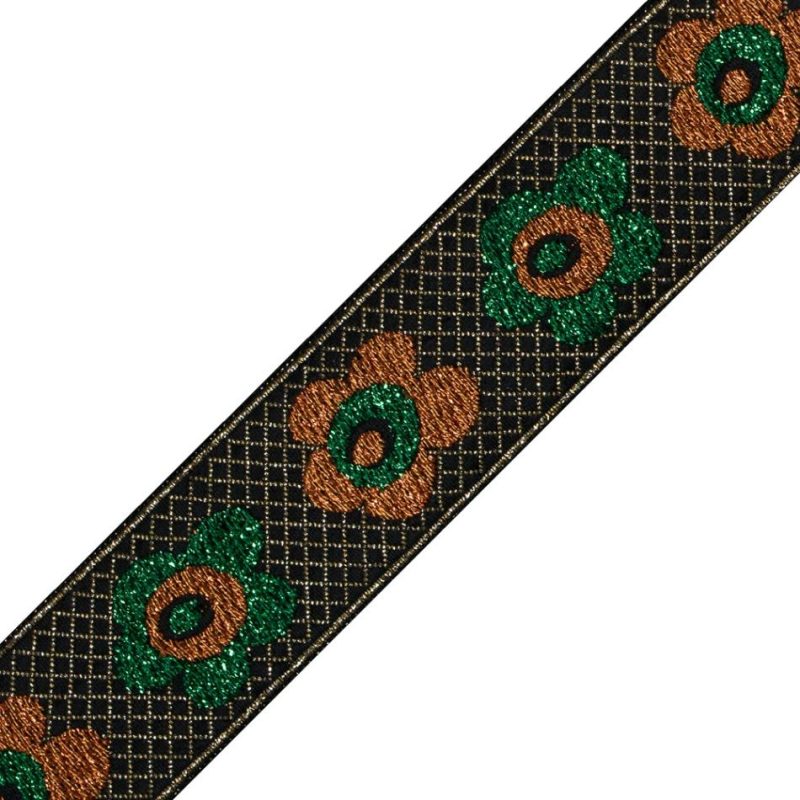 Jacquard | Green And Orange Metallic Floral Jacquard Ribbon – 1.25" Jacquard Jacquard