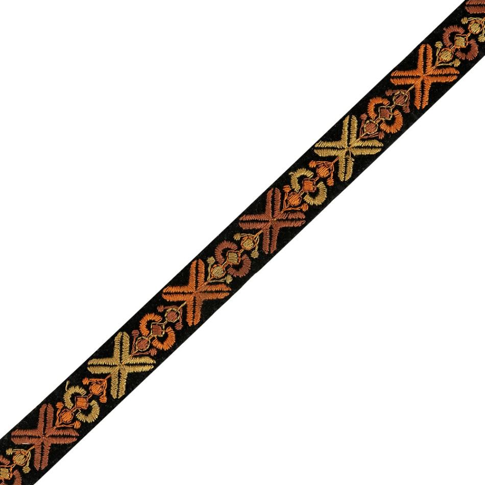 Jacquard | Ochre And Orange Embroidered Black Velvet Ribbon – 1.125" Jacquard Cinnamon Stick,Black