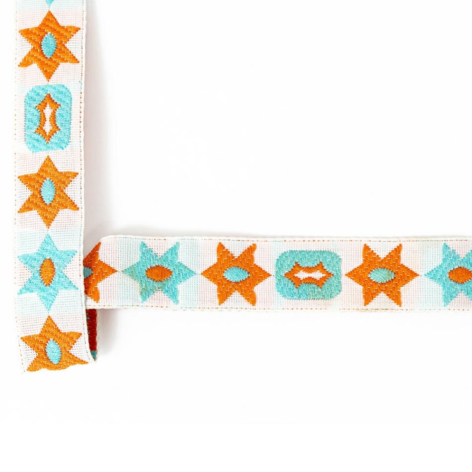 Jacquard | Orange And Blue Geometric Jacquard Ribbon – 0.625" Jacquard Bright White,Firecracker