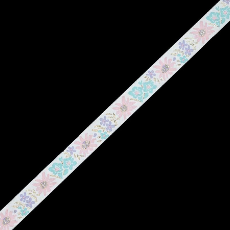 Jacquard | Pink, Aqua And Metallic Gold Floral Jacquard Ribbon – 1" Jacquard Jacquard