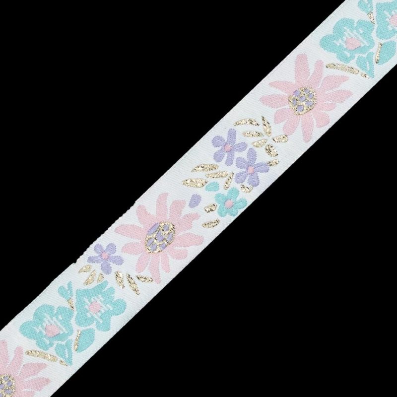 Jacquard | Pink, Aqua And Metallic Gold Floral Jacquard Ribbon – 1" Jacquard Jacquard