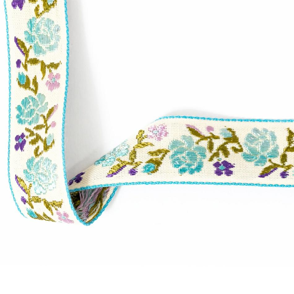 Jacquard | Pink, Blueberry And Angel Blue Ombre Floral German Jacquard Ribbon – 0.875" Ribbons Angel Blue,Blueberry