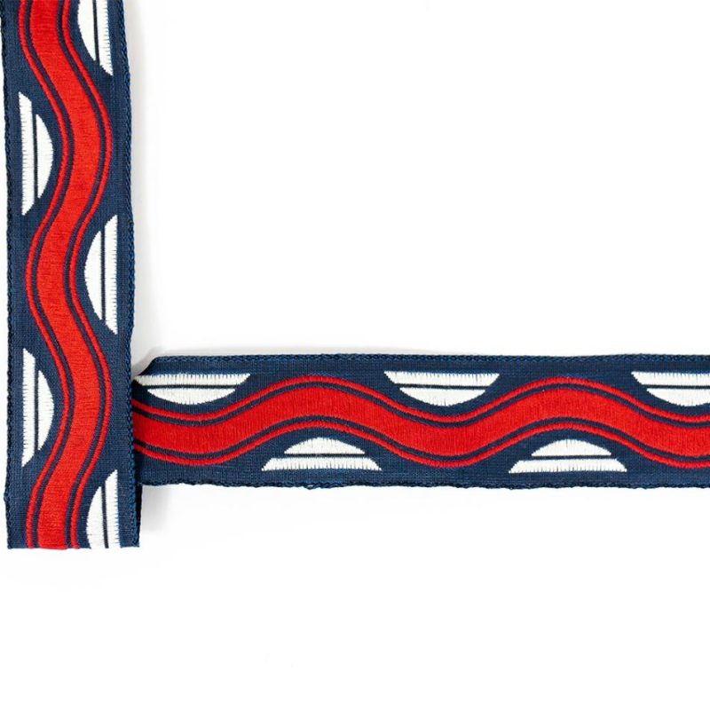 Jacquard | Red, Bright White And Navy Wavy Jacquard Ribbon – 1.125" Jacquard Bright White