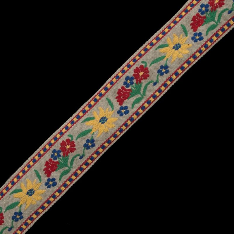 Jacquard | Red, Yellow And Blue Floral Jacquard Ribbon – 1.625" Jacquard Blue,Yellow,Red,Green,Beige