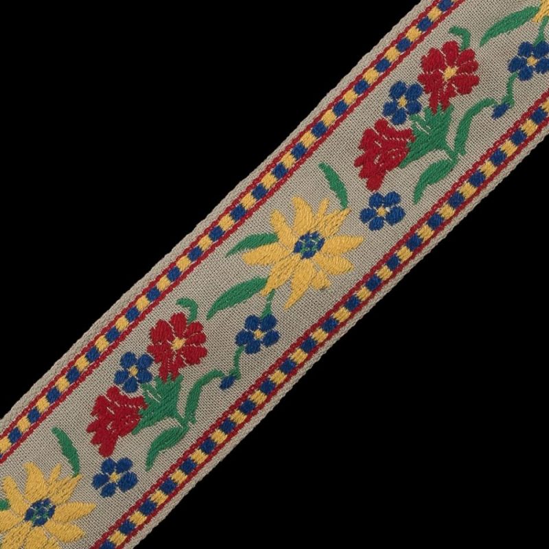 Jacquard | Red, Yellow And Blue Floral Jacquard Ribbon – 1.625" Jacquard Blue,Yellow,Red,Green,Beige