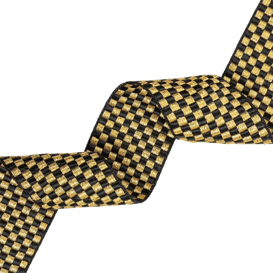 Metallic | Black And Metallic Gold Checkerboard Satin Faced Woven Trim – 2" Metallic Glitteratti