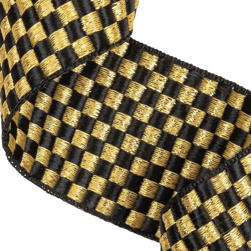 Metallic | Black And Metallic Gold Checkerboard Satin Faced Woven Trim – 2" Metallic Glitteratti