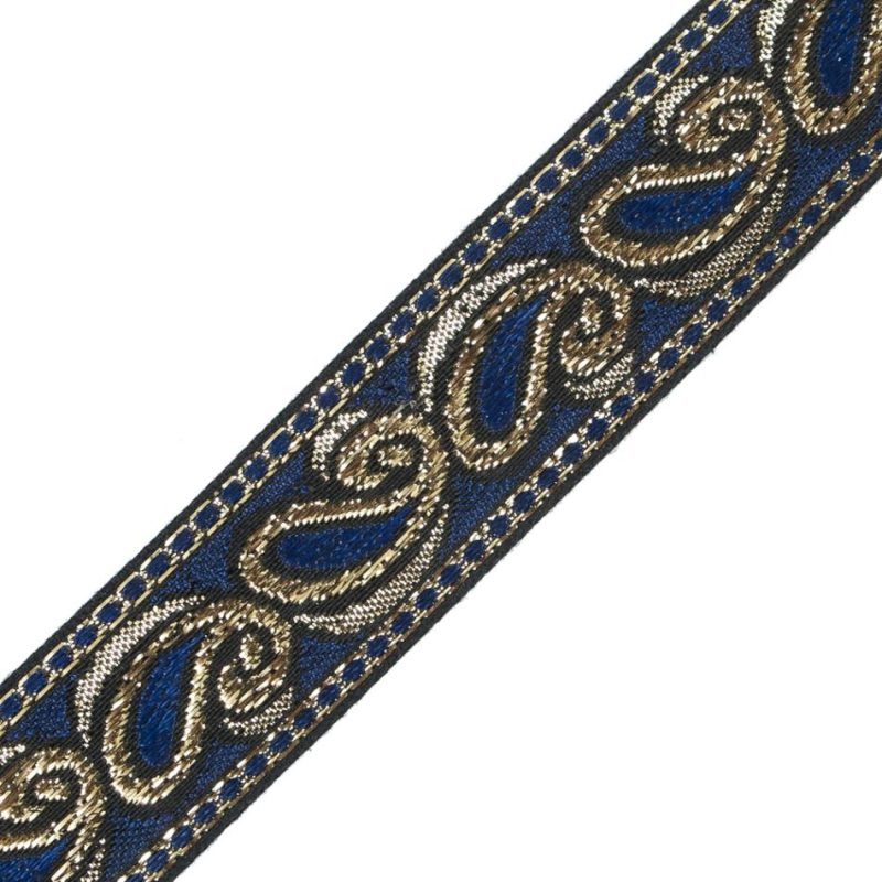 Metallic | Blue And Metallic Gold Paisley Jacquard Ribbon – 1" Jacquard Jacquard