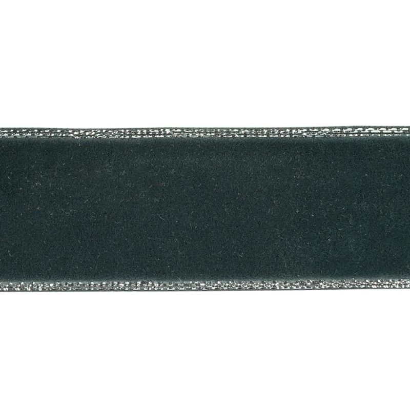 Metallic | Darkest Spruce And Silver Metallic Lined Velvet Ribbon – 0.875" Metallic Darkest Spruce,Ice Flow