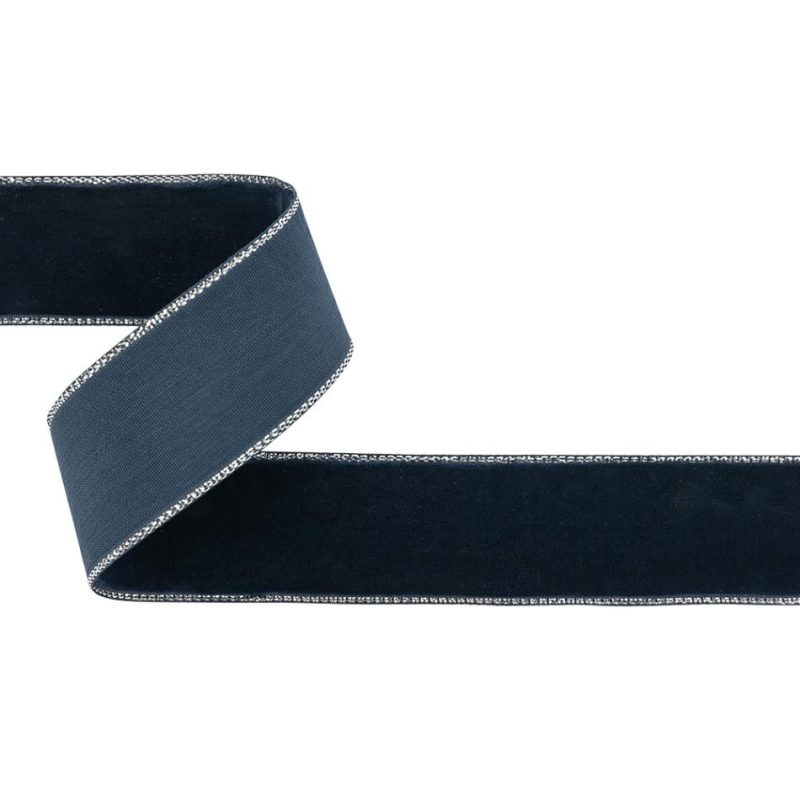 Metallic | Dress Blues And Silver Metallic Lined Velvet Ribbon – 1" Metallic Dress Blues,Ice Flow