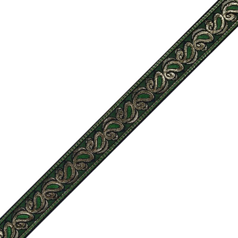 Metallic | Green And Metallic Gold Paisley Jacquard Ribbon – 1.5" Jacquard Emerald,Gold