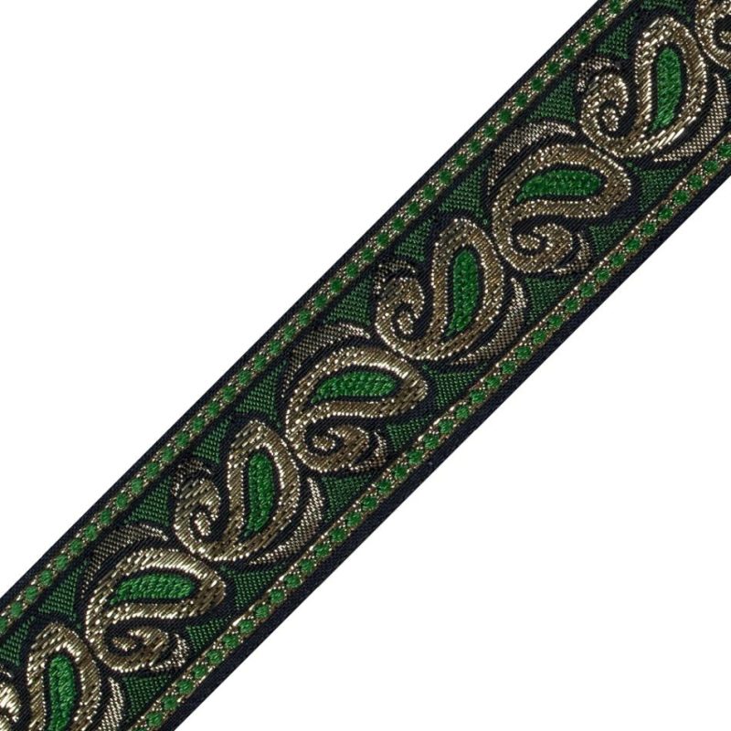 Metallic | Green And Metallic Gold Paisley Jacquard Ribbon – 1.5" Jacquard Emerald,Gold