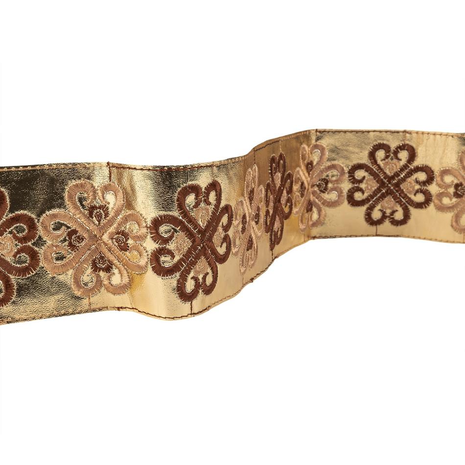 Metallic | Vintage English Beige And Brown Embroidered Gold Metallic Vinyl Ribbon – 2.75" Metallic Gold,Beige,Brown