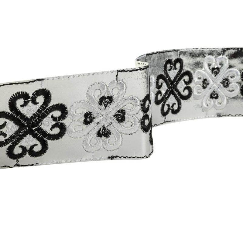 Metallic | Vintage English White And Black Embroidered Silver Metallic Vinyl Ribbon – 2.75" Metallic Metallic