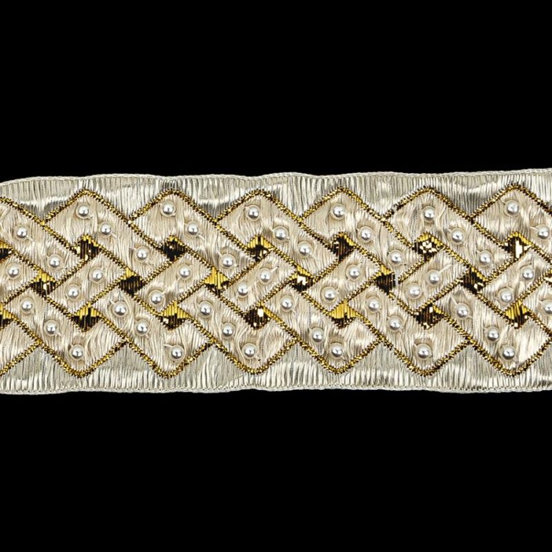 Metallic | Vintage Ivory And Fleur De Lis Lurex And Rayon Blend Beaded Ribbon – 1.375" Metallic Lacquer,Fleur De Lis