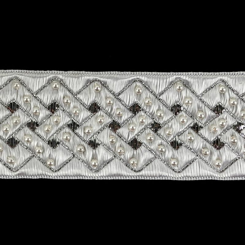 Metallic | Vintage Ivory And Silver Lurex And Rayon Blend Beaded Ribbon – 1.5" Metallic Metallic