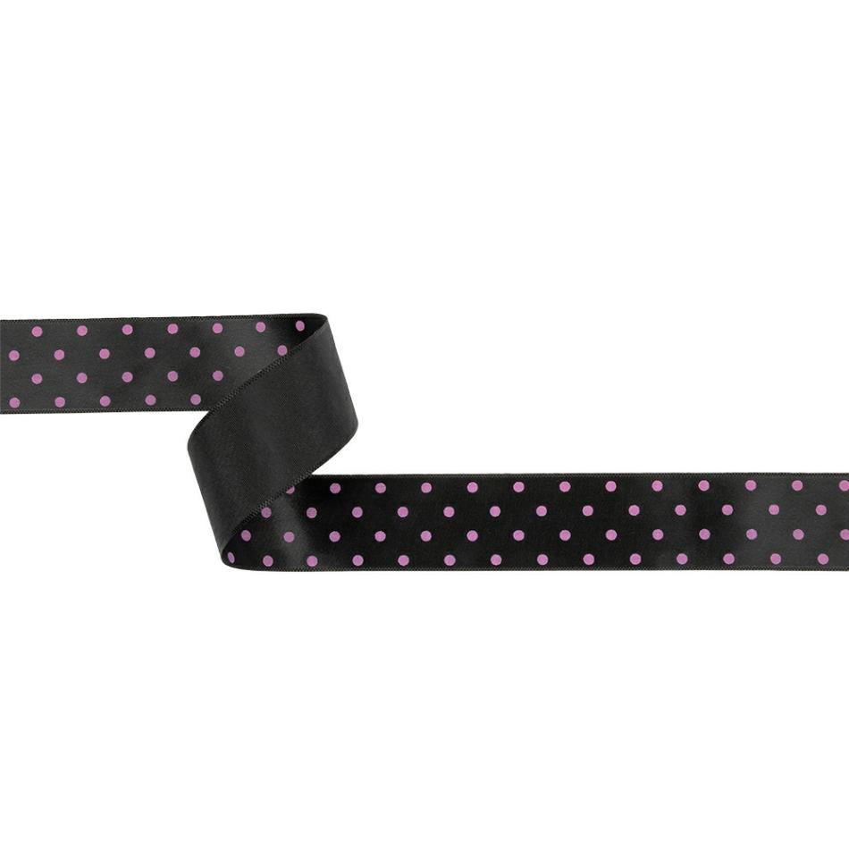 Satin | Black And Purple Polka Dot Satin Ribbon – 1" Printed Anthracite